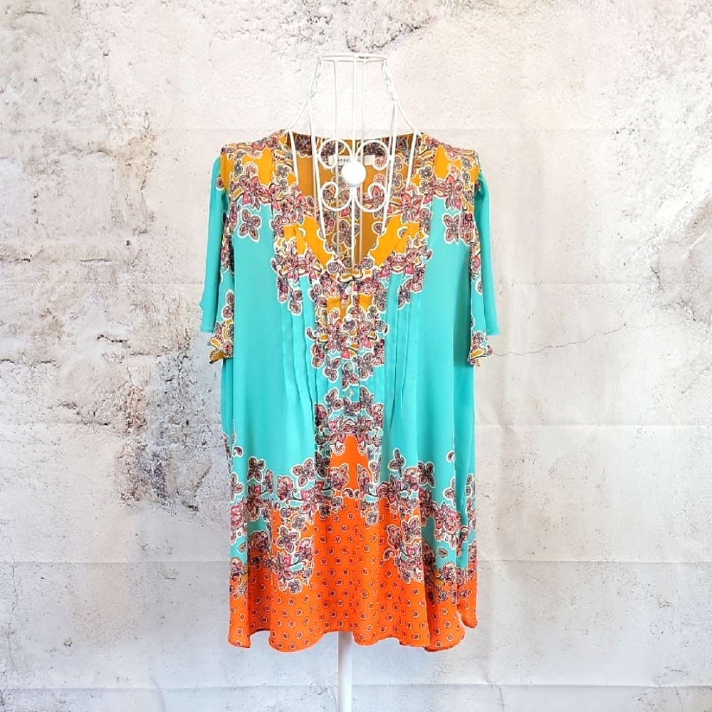 Rose & Olive Floral Print Women's Blouse Turquoise/Orange 1X. JUST REDUCED!!!
